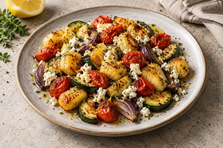 KI-generierter Serviervorschlag für Knusper-Gnocchi mit Zucchini, Tomaten und Feta; kein Foto eines nachgekochten Gerichts.