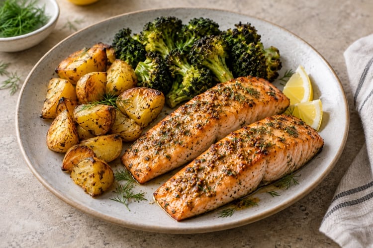 KI-generierter Serviervorschlag für Senf-Dill-Lachs mit Kartoffeln und Brokkoli; kein Foto eines nachgekochten Gerichts.