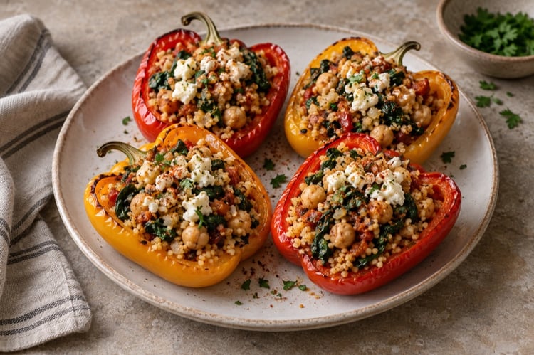 KI-generierter Serviervorschlag für Paprika mit Couscous-Kichererbsen-Füllung; kein Foto eines nachgekochten Gerichts.