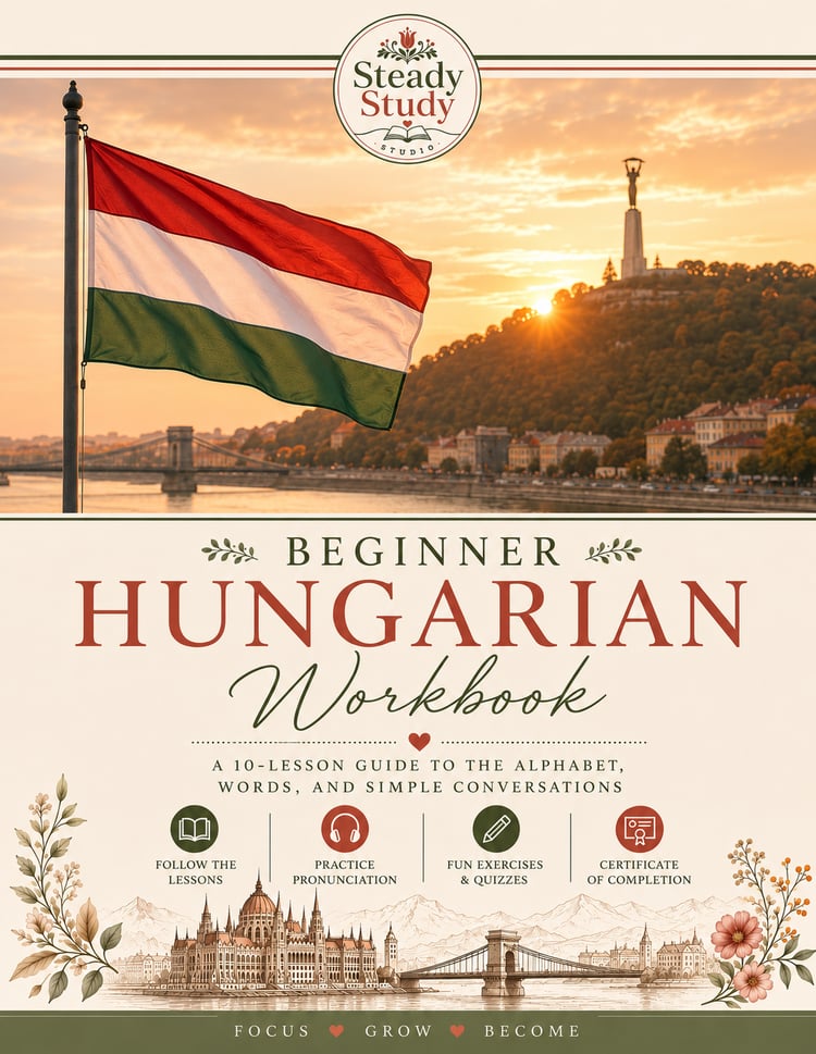 Beginner Hungarian Workbook cover featuring the Hungarian flag and a sunset view of Budapest.