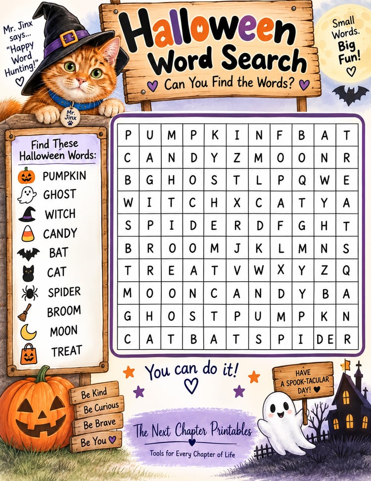 Mr. Jinx's Halloween Word Search free printable featuring Halloween-themed words and a festive pumpkin design.