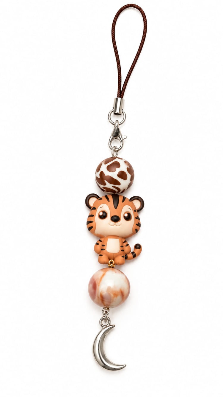 Handmade tiger phone and bag charm with brown animal print bead, iridescent marbled round bead, and silver crescent moon pendant on a brown loop cord