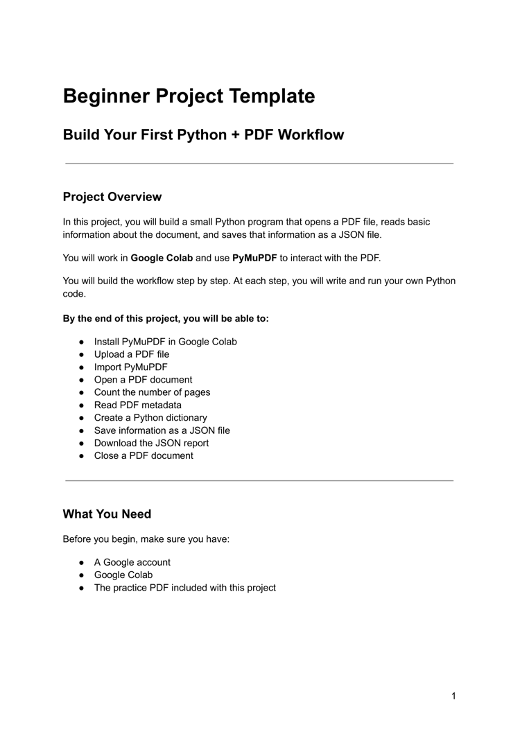 Beginner Python project template showing instructions for reading PDF information and saving it as JSON.