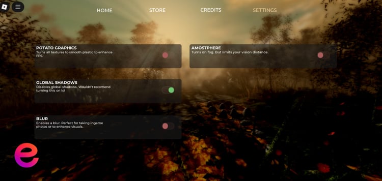Menu settings options interface