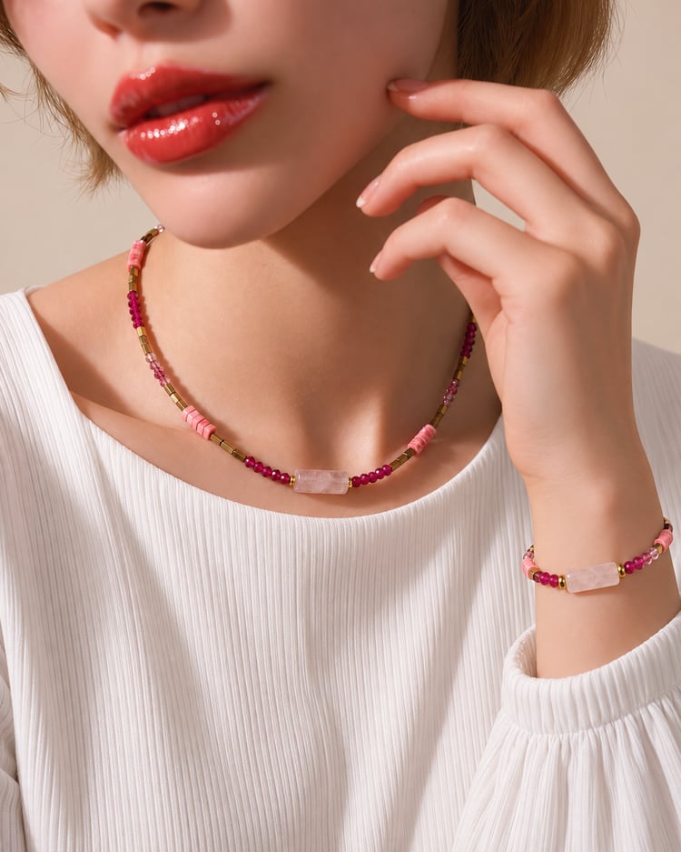 Collana Minimal Barbie indossata, con elemento centrale in quarzo rosa e finiture dorate.