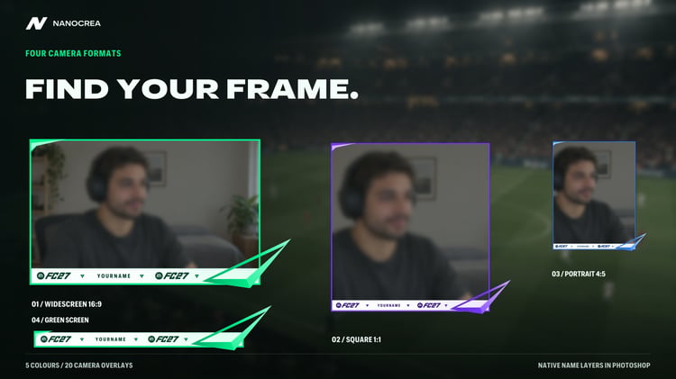 Four FC27 camera overlay formats: widescreen, square, portrait and a standalone green-screen band.