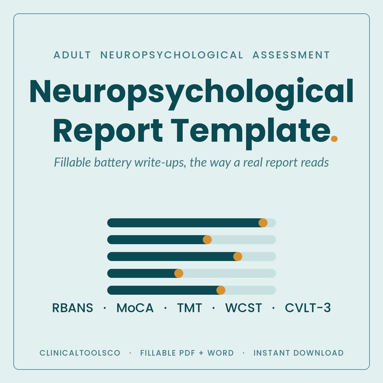 Cover of Neuropsychological Report Template, RBANS, MoCA and Trails