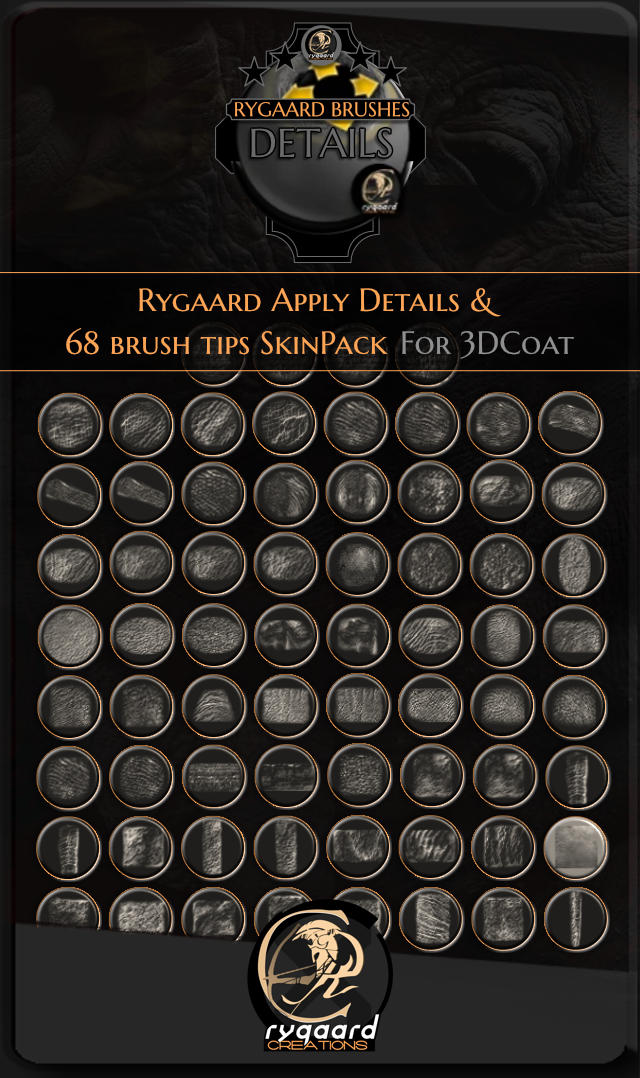 Rygaard Apply Details pack contains 68 alphas skinpack - Free 3DCoat pack