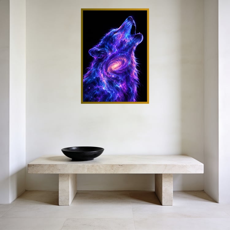 Galaxy wolf wall art showing a howling wolf filled with blue and violet stars and nebula clouds