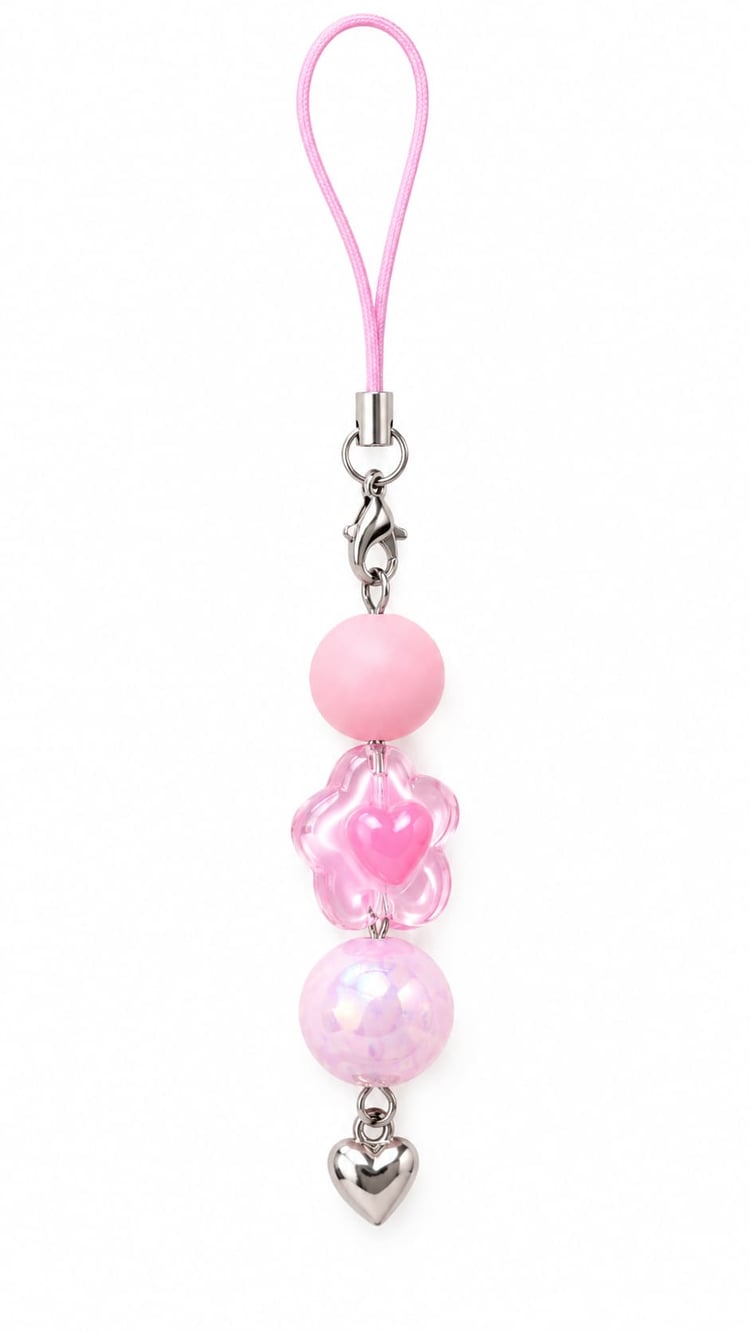 Handmade pink phone charm featuring a matte pink bead, a translucent flower bead with a pink heart inside, and a silver heart pendant on a pink cord.