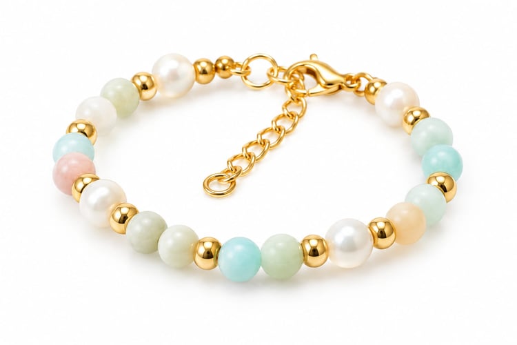 Handmade pastel natural stone and pearl bracelet with soft mint, blue, peach and cream beads and gold-toned details. Adjustable 7–9". Handmade in the UK.