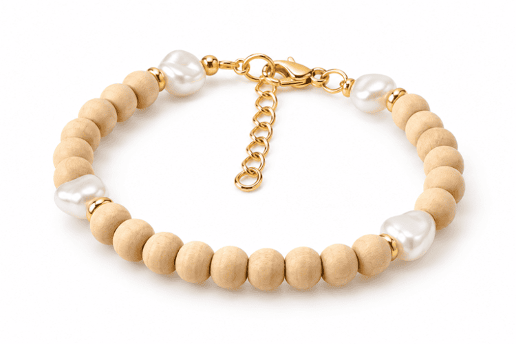 Handmade natural wood bead bracelet with white pearl-effect hearts, gold-toned details and adjustable extender chain