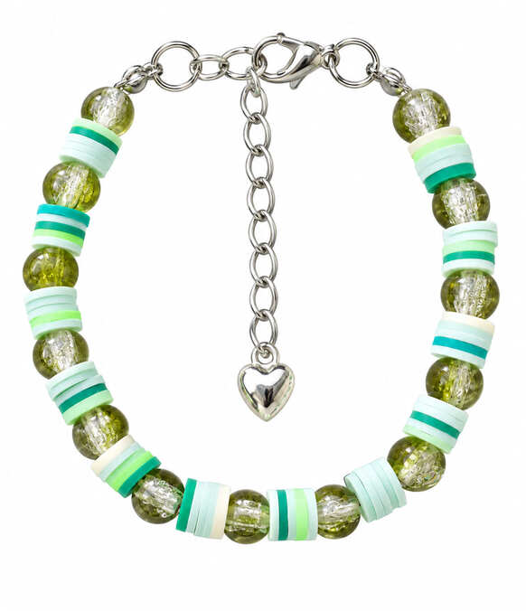 Handmade green botanical bracelet with crackle-effect glass and striped heishi beads, silver-toned extender chain and heart charm