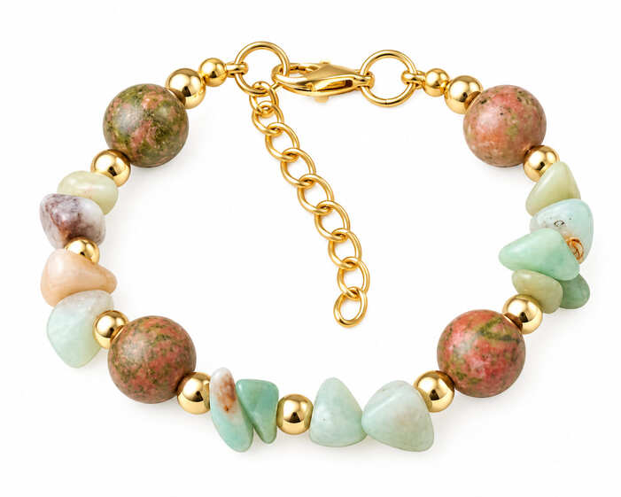 Handmade genuine Unakite gemstone bracelet with irregular pale-green natural stone chips, gold-toned spacers and adjustable chain