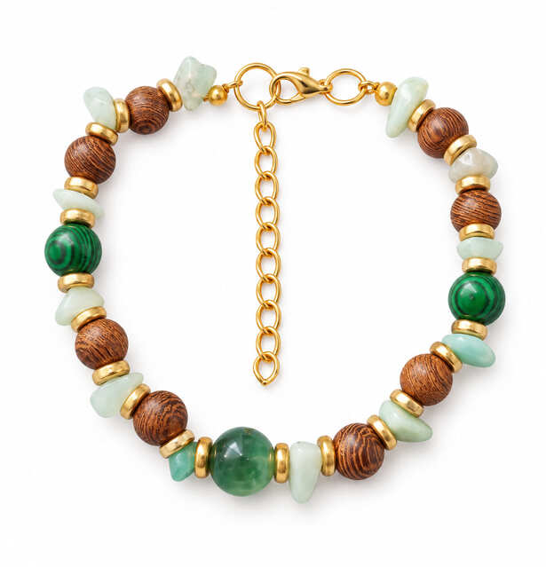Handmade genuine malachite and chalcedony bracelet with natural stone chips, wooden beads and gold-toned adjustable chain