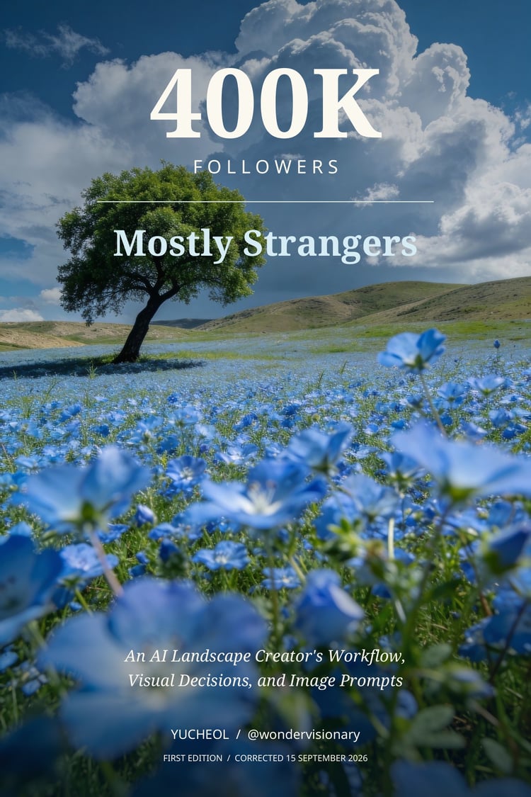 Cover of 400K Followers, Mostly Strangers by Yucheol, showing blue flowers, a lone tree, and a cloudy sky.