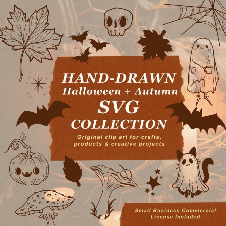 Hand drawn Halloween SVG bundle with autumn clipart including ghosts, bats, pumpkins, mushrooms, leaves, skull and spider web line art.