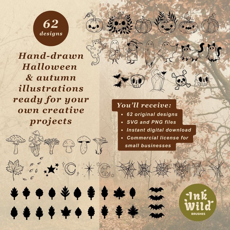 Halloween and autumn SVG collection showing hand drawn fall clipart and spooky seasonal elements included in the digital download.