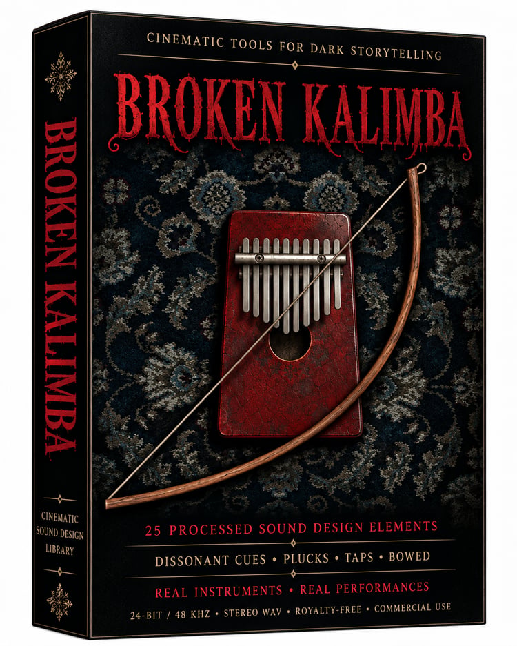 Cinematic kalimba effects with dark plucks, unsettling taps, bowed resonance and experimental textures. Royalty-free 24-bit/48 kHz WAV created for thriller scoring, horror scenes, game audio and atmospheric sound design.