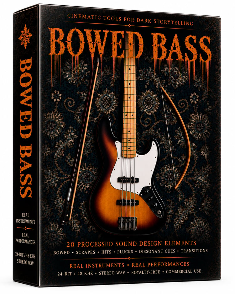 Bowed Bass cinematic sound design pack featuring 20 original bowed bass textures, deep rumbles, dissonant tones, tremolo, plucks and dark atmospheric cues for horror, suspense, film, trailers, games and cinematic storytelling.