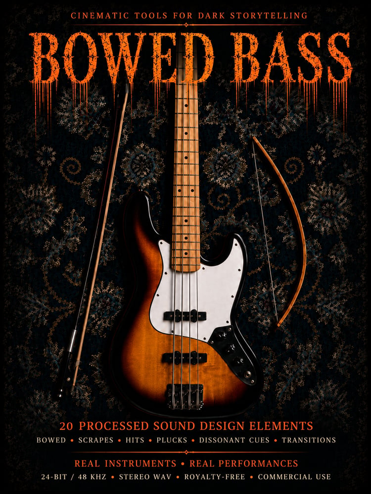 Organic bowed bass textures shaped for cinematic tension, including unsettling bow strokes, rough scrapes, deep hits, plucked notes and discordant accents. Delivered as 24-bit/48 kHz stereo WAV for film, games, trailers and horror.