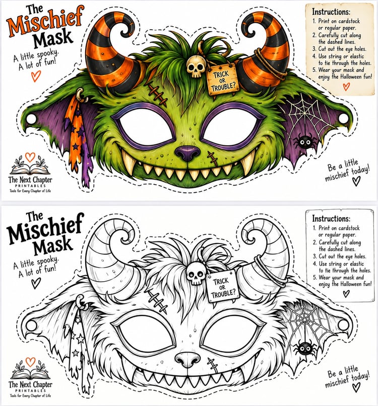 The Mischief Mask Halloween printable featuring a playful spooky character mask for kids.