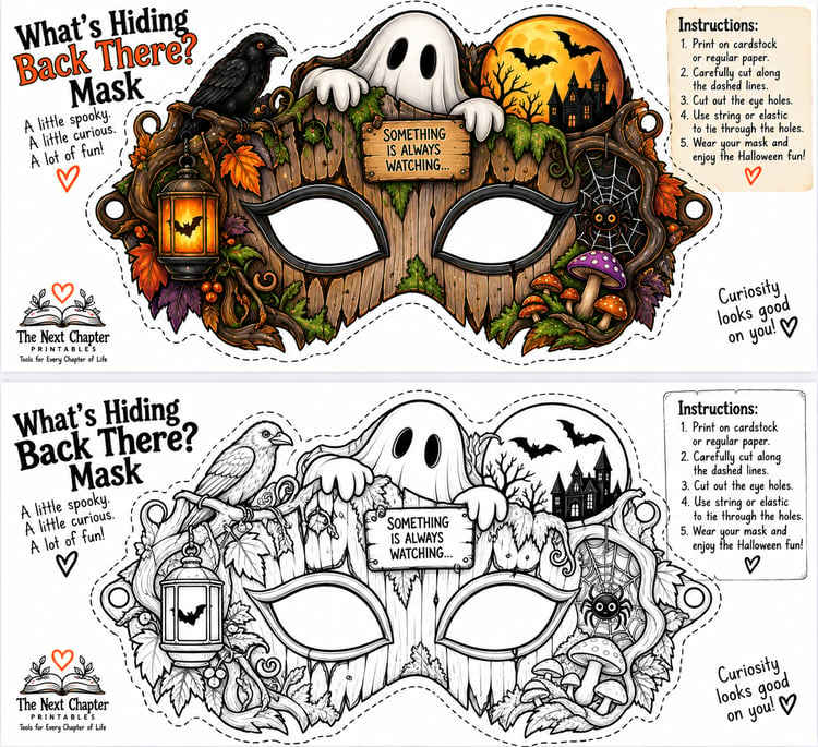 What’s Hiding Back There Halloween printable mask activity featuring friendly spooky Halloween characters.