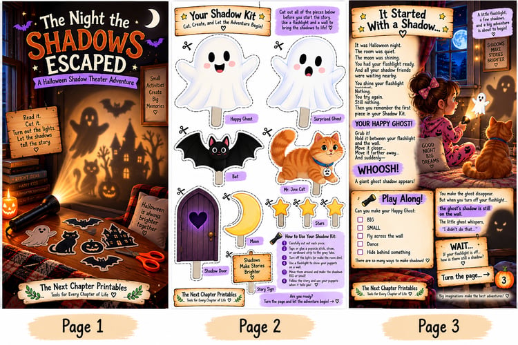 The Night the Shadows Escaped interactive Halloween shadow theater printable, showing three activity pages with spooky shadow characters and Halloween scenes.