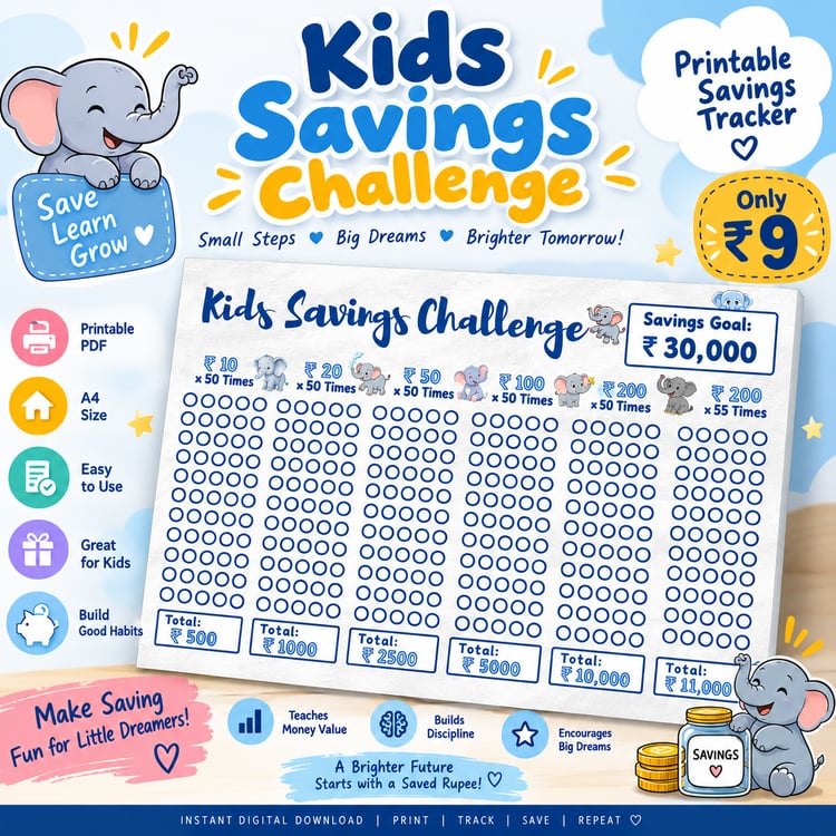 Kids Savings Challenge printable PDF with ₹30,000 savings goal by Zyro Studio