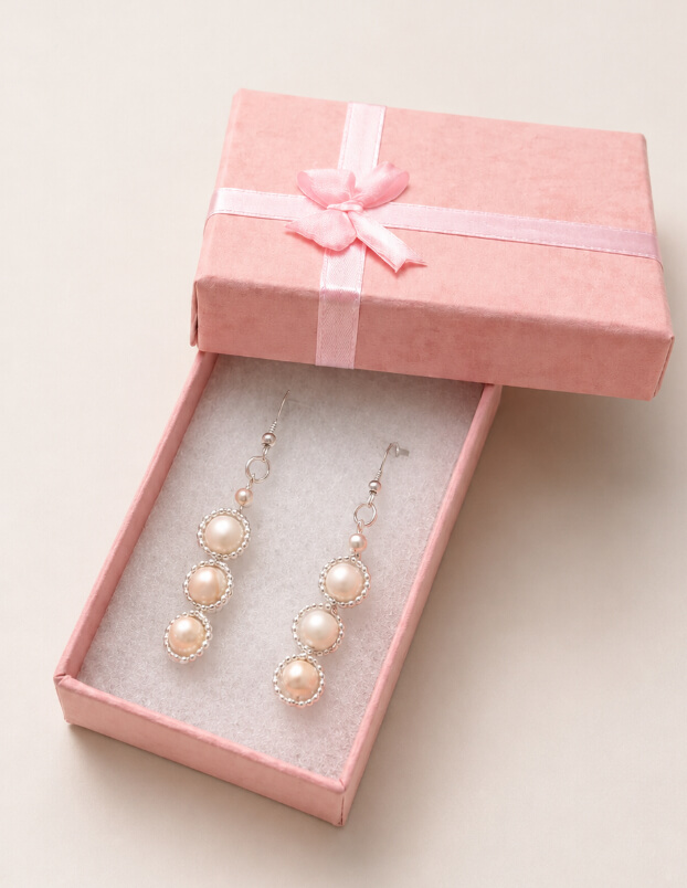 Handmade sterling silver natural white stone triple drop earrings presented in a pink jewellery gift box.