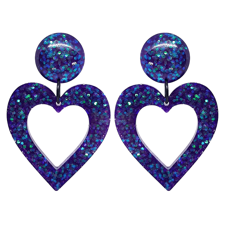 Retro 1980's 80s Style Purple Glitter Heart Earrings by Atomic Cat