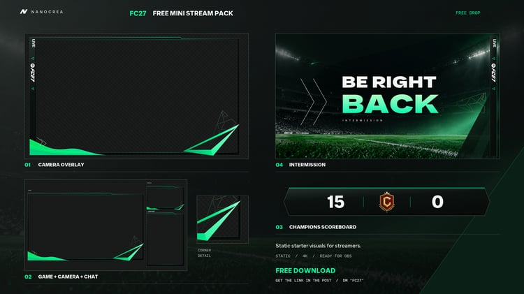 Free FC27 stream pack with green camera overlays, game and chat layout, red Champions scoreboard and stadium intermission.