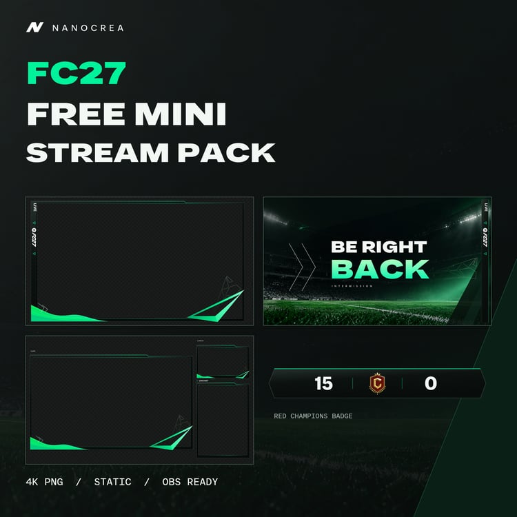 NanoCrea FC27 Free Mini Stream Pack cover featuring four graphite and mint green stream visuals for OBS.
