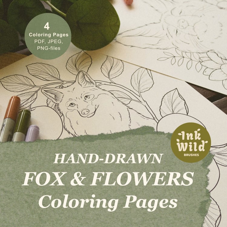 Four printable fox coloring pages featuring three floral fox illustrations and one fox with apples, drawn by hand.