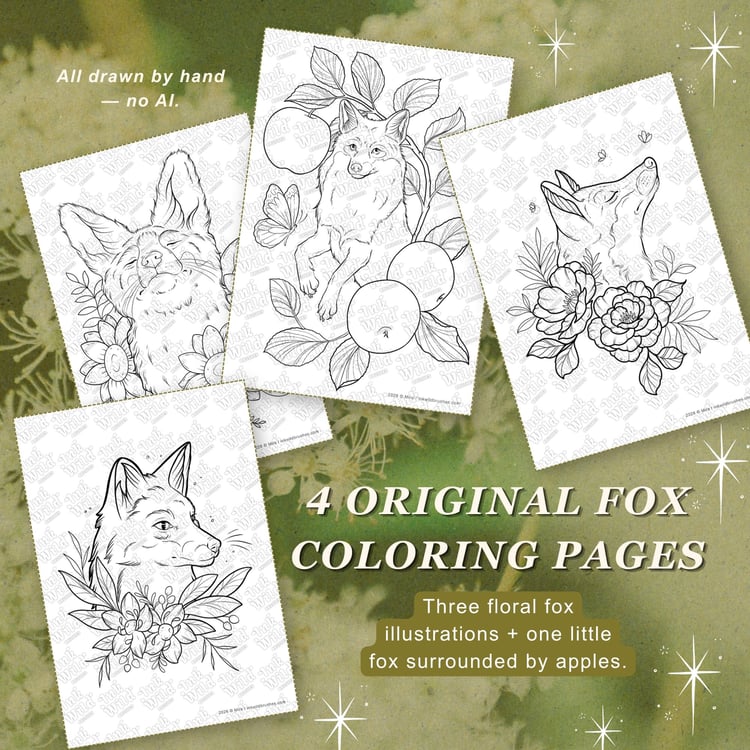 Four hand drawn fox coloring pages with floral and botanical line art, available as printable PDF, JPEG and PNG digital files.