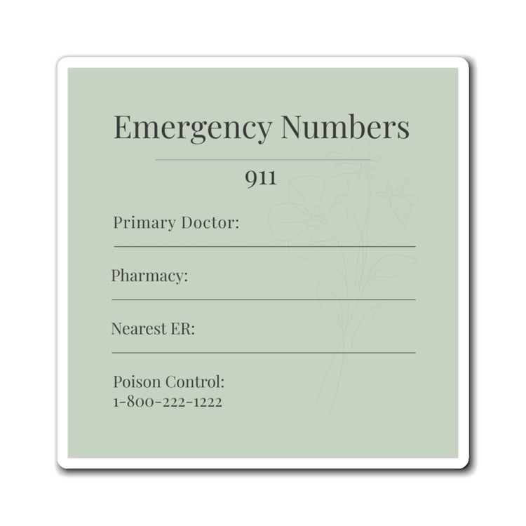 4×4 soft sage caregiver magnet with botanical accents and writable sections for doctor, pharmacy, nearest ER, and poison control numbers.”
