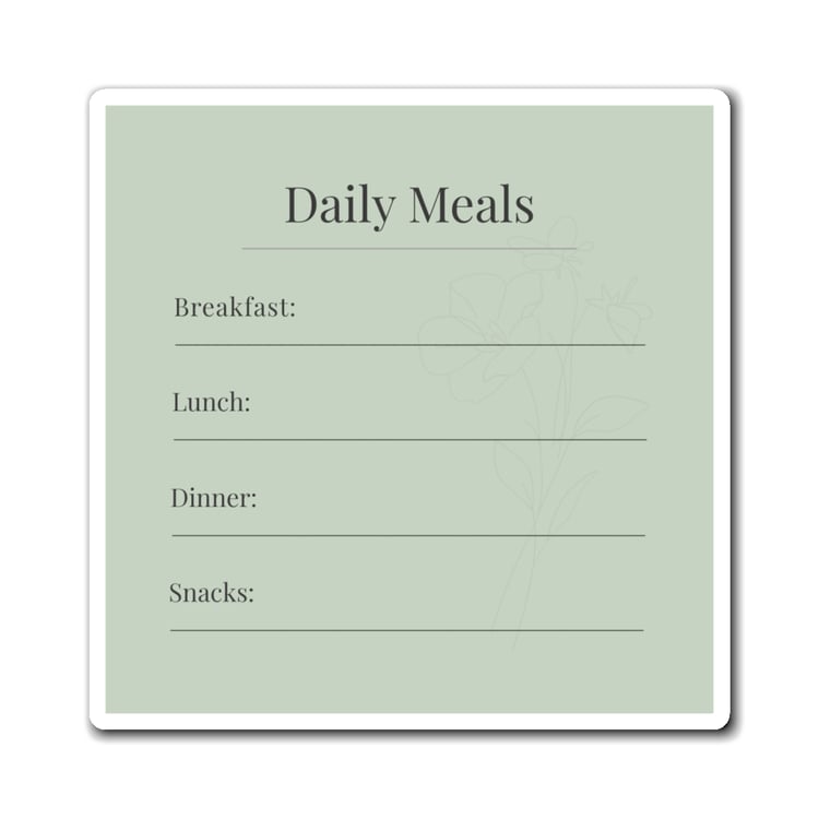 “4×4 soft sage caregiver magnet with botanical accents and writable sections for breakfast, lunch, dinner, and snacks.”