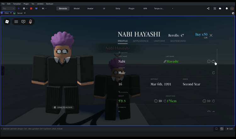 Roblox character reroll customization system
