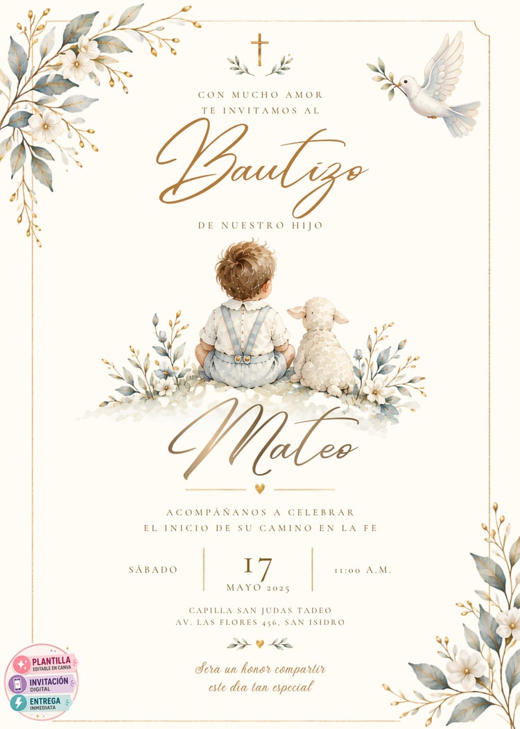 Invitación Borreguito Niño Bautizo | Plantilla Editable