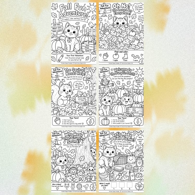 Fall Fun Adventure FREE 7-page coloring and activity printable for kids ages 2–5