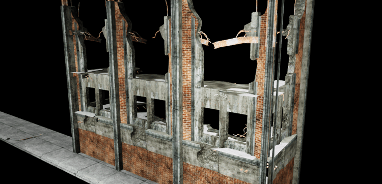 Ruined brick concrete building exterior