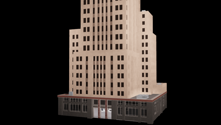 Urban building with rooftop equipmen