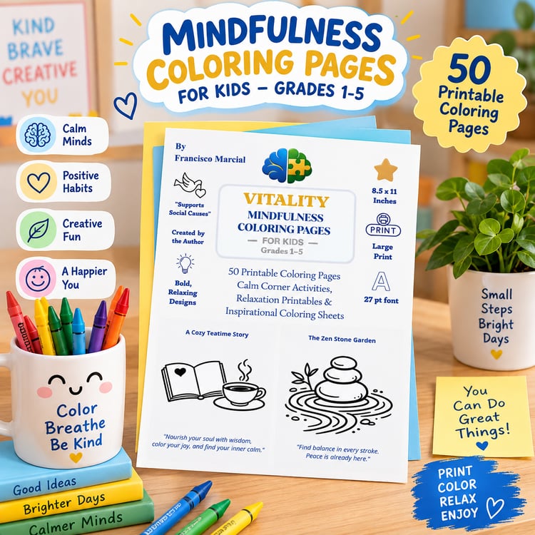 Mindfulness coloring pages for kids, Grades 1–5, 50 printable pages, calm corner activities, relaxation printables, and inspirational coloring sheets.