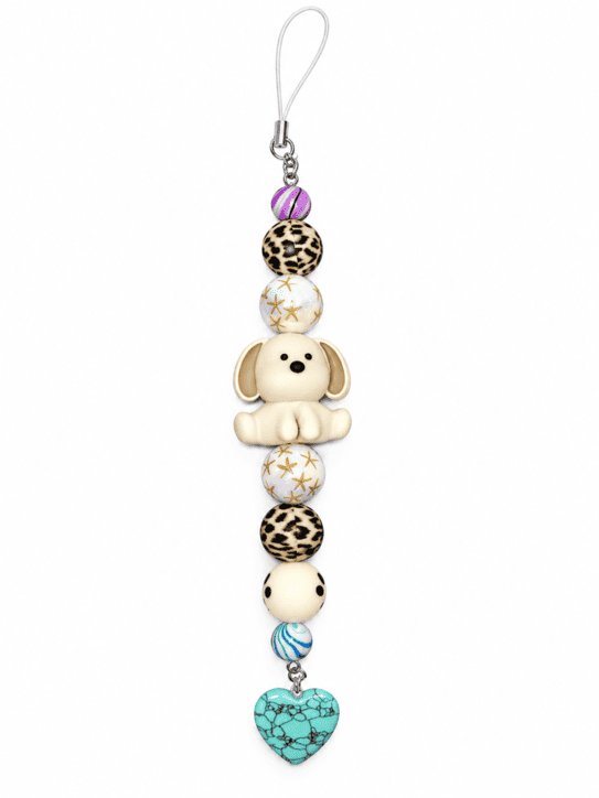 Handmade puppy beaded phone charm with leopard-print beads, star details and turquoise natural stone heart