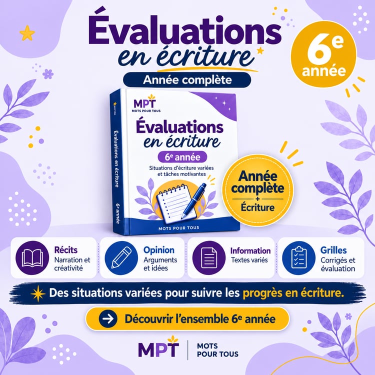 Évaluations en écriture – année complète 6e année avec 10 situations d’écriture, grilles d’évaluation et outils pédagogiques prêts à utiliser.