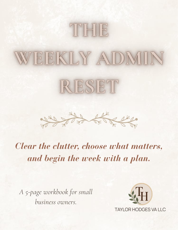 Cream workbook cover titled The Weekly Admin Reset with gold botanical detail and the Taylor Hodges VA LLC logo.
