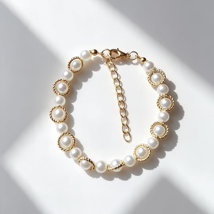 Handmade Amara twisted gold pearl bridal bracelet featuring glossy white pearls and twisted gold rope textured spacer rings on a bright white background.