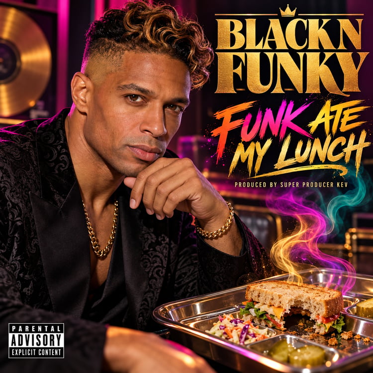 Black N Funky – Funk Ate My Lunch album cover, produced by Super Producer Kev, vibrant professional funk album artwork with parental advisory label