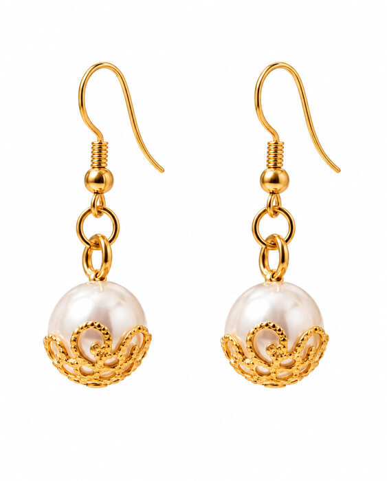 Pair of handmade faux pearl drop earrings with ornate 18K gold-plated sterling silver filigree settings and fishhook ear wires