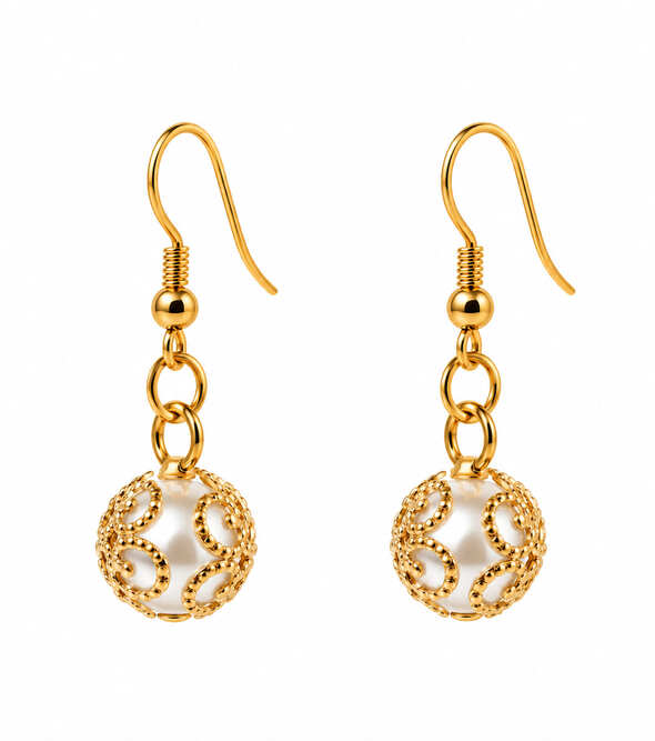 Handmade gold-plated sterling silver earrings featuring smooth white pearls encased in intricate swirl filigree cages on a white background.